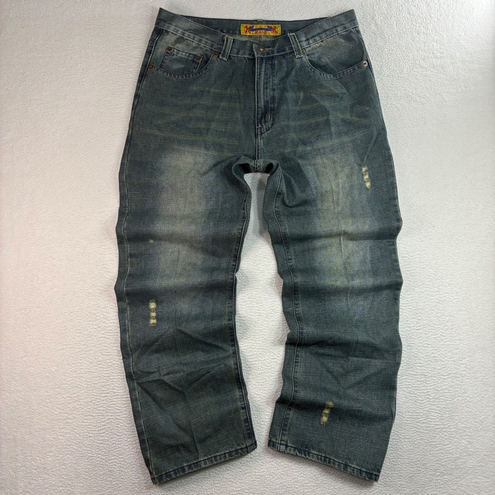 Y2K FUSAI Baggy Jeans Men 38x32 Blue Faded Distressed Loose Embroidered Pocket